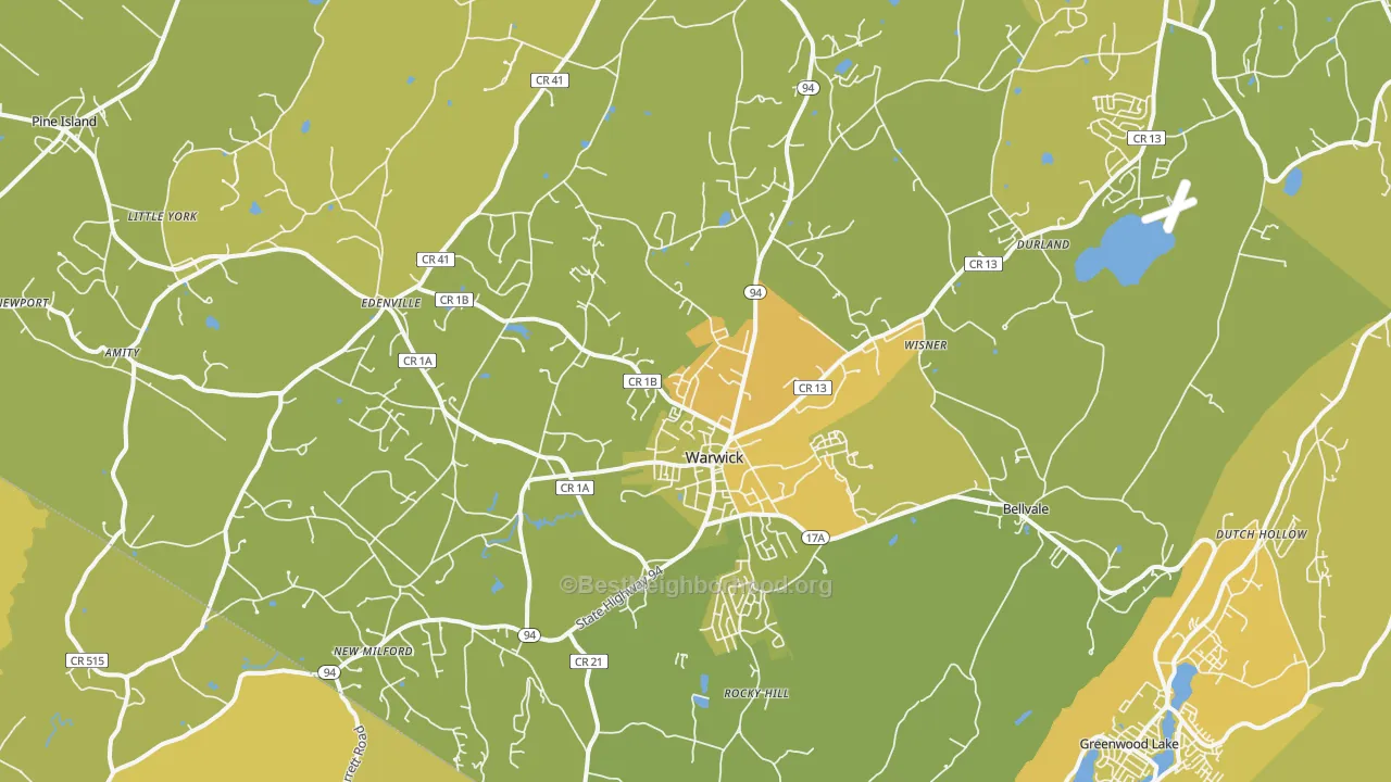 Map of the best neighborhoods in the 10990 area, with better matches in green and worse matches in red
