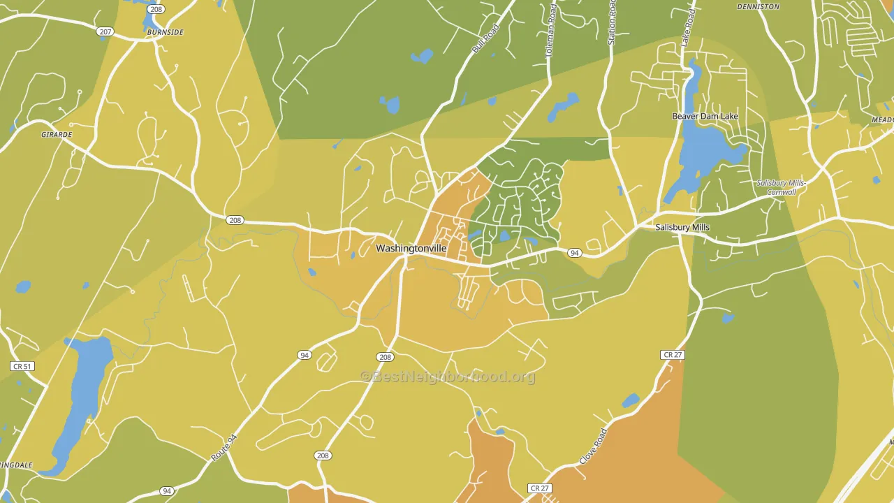 Map of the best neighborhoods in the 10992 area, with better matches in green and worse matches in red