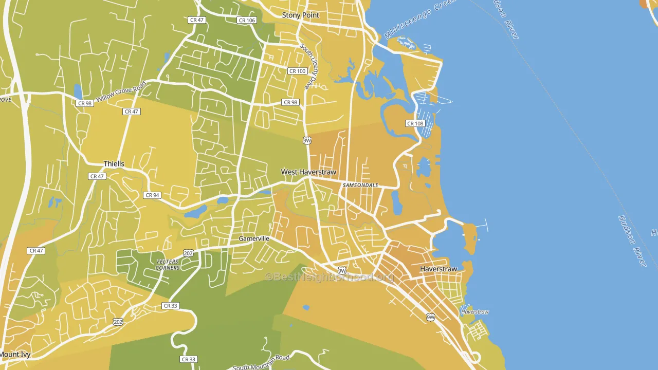 Map of the best neighborhoods in the 10993 area, with better matches in green and worse matches in red