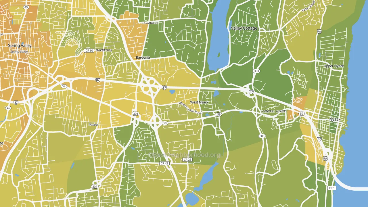 Map of the best neighborhoods in the 10994 area, with better matches in green and worse matches in red