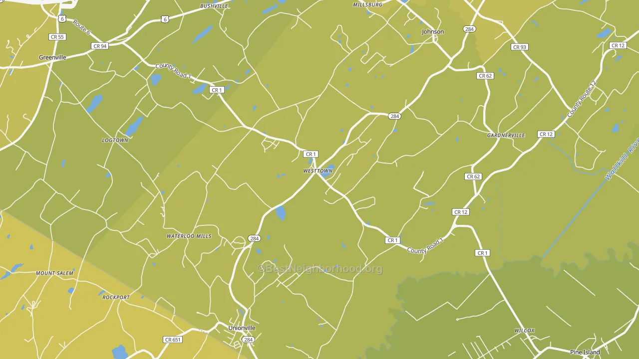 Map of the best neighborhoods in the 10998 area, with better matches in green and worse matches in red