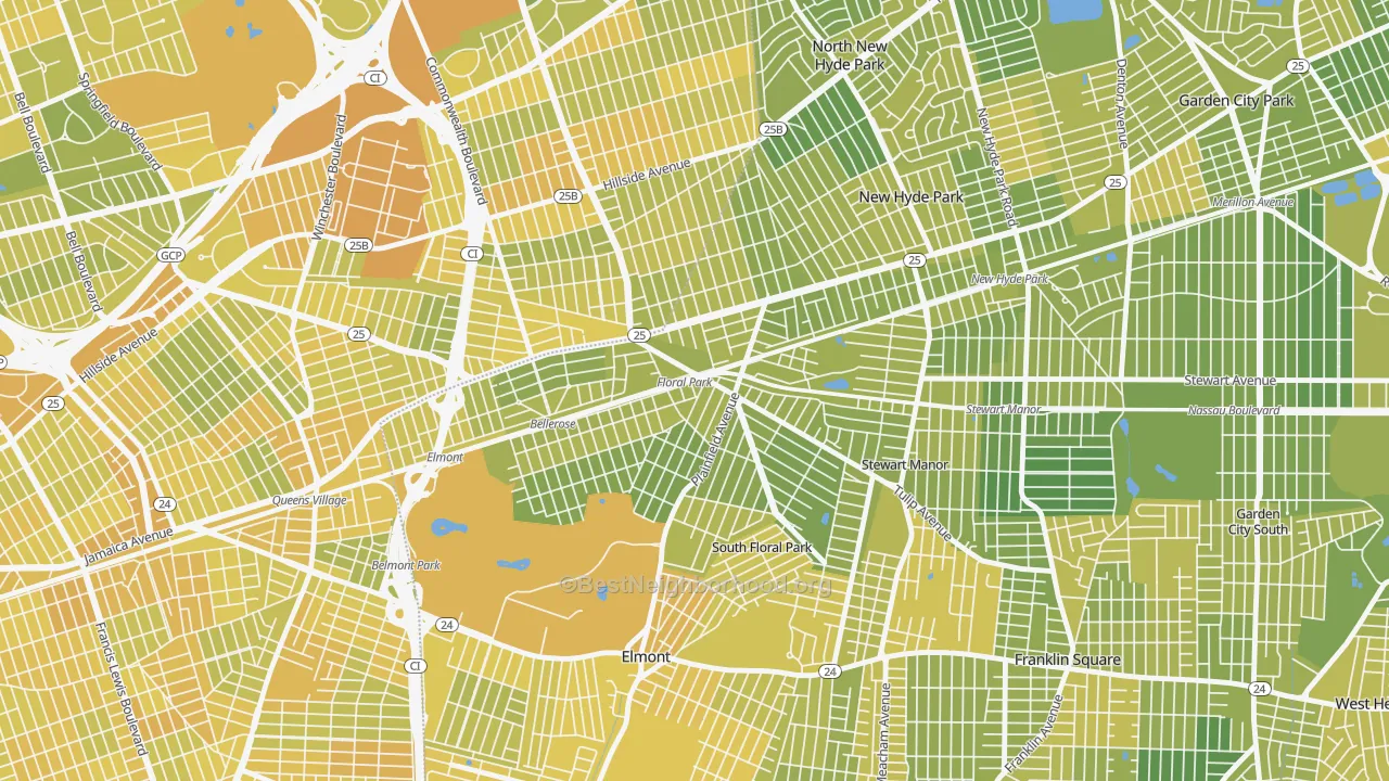 Map of the best neighborhoods in the 11001 area, with better matches in green and worse matches in red