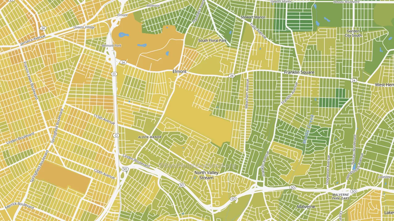 Map of the best neighborhoods in the 11003 area, with better matches in green and worse matches in red