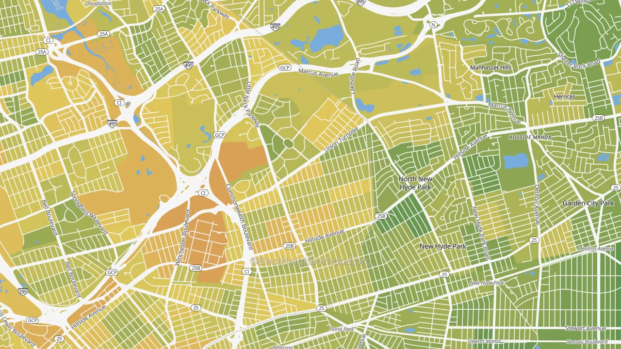 Map of the best neighborhoods in the 11004 area, with better matches in green and worse matches in red