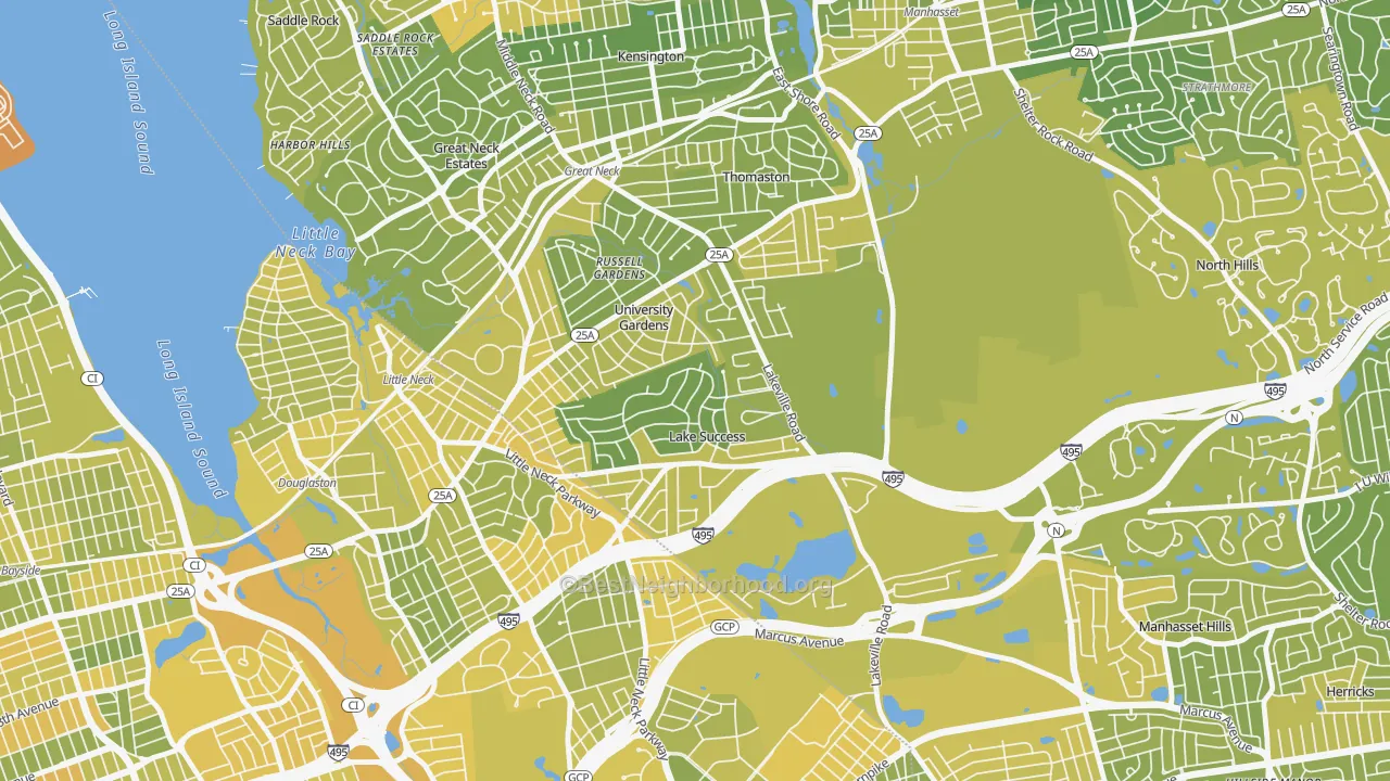Map of the best neighborhoods in the 11020 area, with better matches in green and worse matches in red
