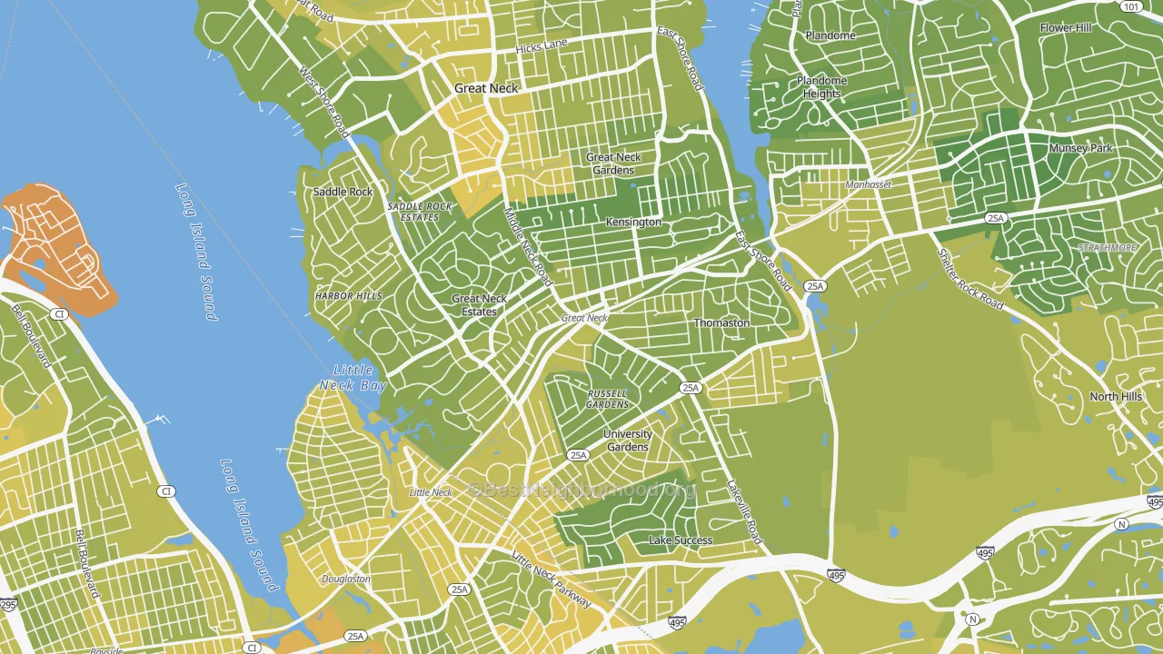 Map of the best neighborhoods in the 11021 area, with better matches in green and worse matches in red