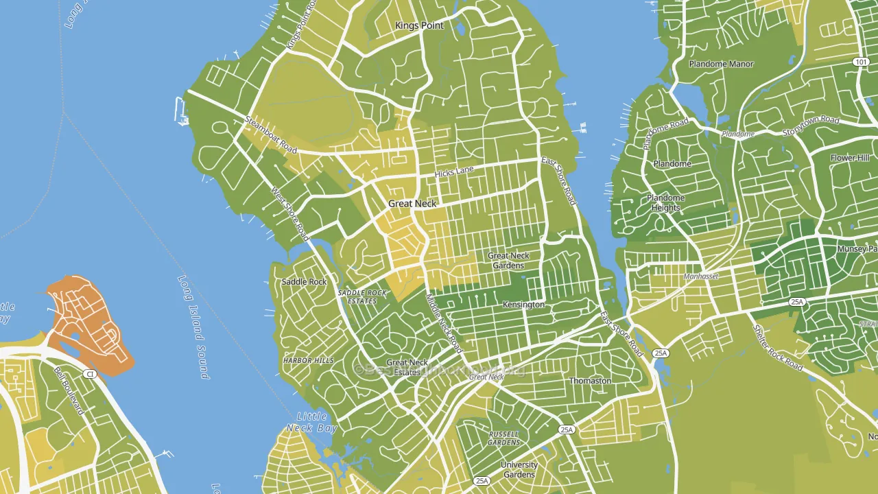 Map of the best neighborhoods in the 11023 area, with better matches in green and worse matches in red