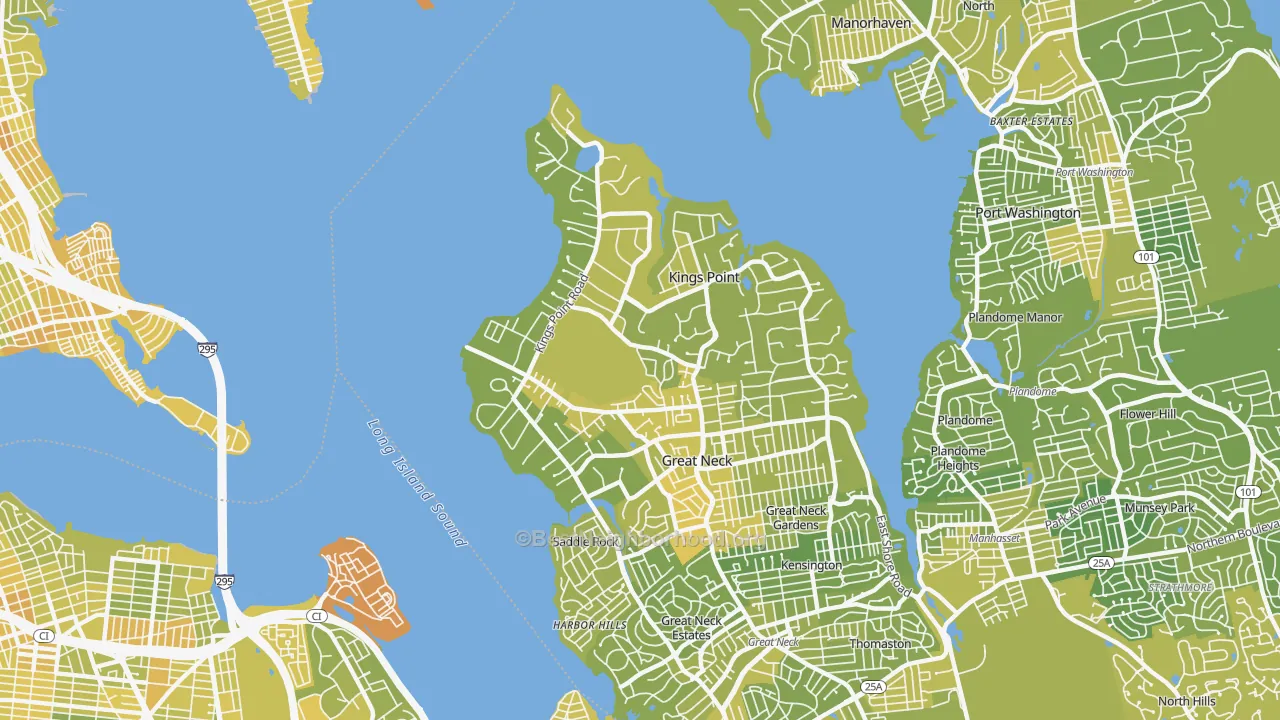 Map of the best neighborhoods in the 11024 area, with better matches in green and worse matches in red