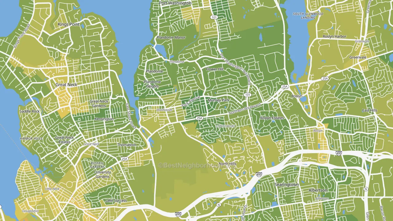 Map of the best neighborhoods in the 11030 area, with better matches in green and worse matches in red