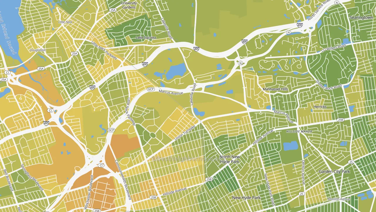 Map of the best neighborhoods in the 11042 area, with better matches in green and worse matches in red