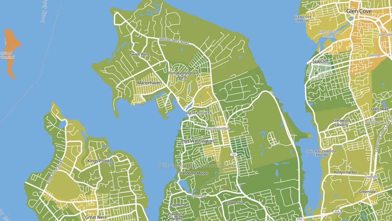 Map of the best neighborhoods in the 11050 area, with better matches in green and worse matches in red