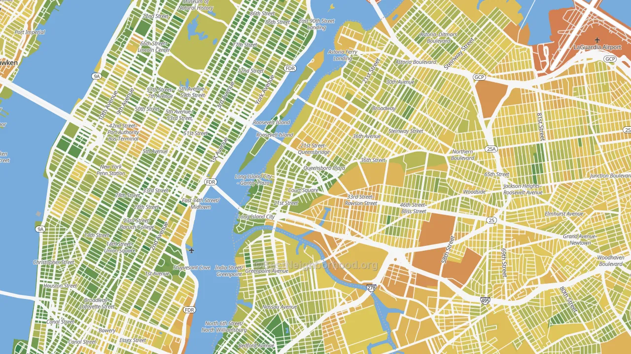 Map of the best neighborhoods in the 11101 area, with better matches in green and worse matches in red