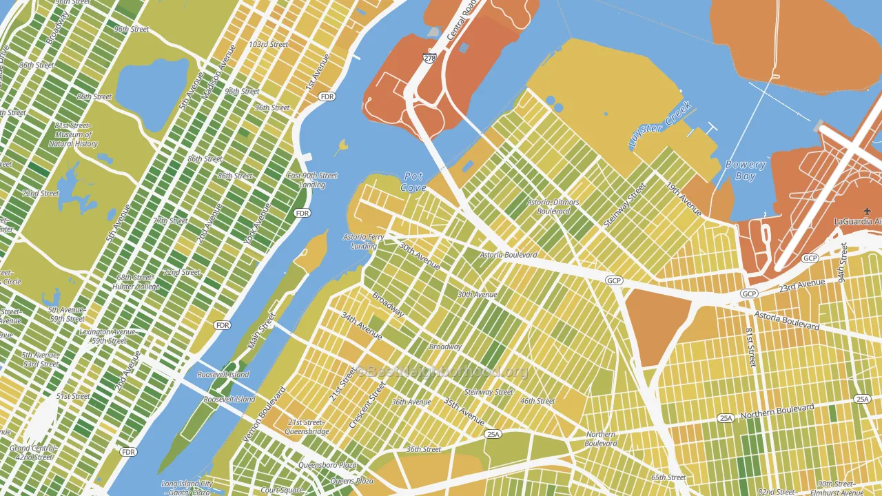 Map of the best neighborhoods in the 11102 area, with better matches in green and worse matches in red