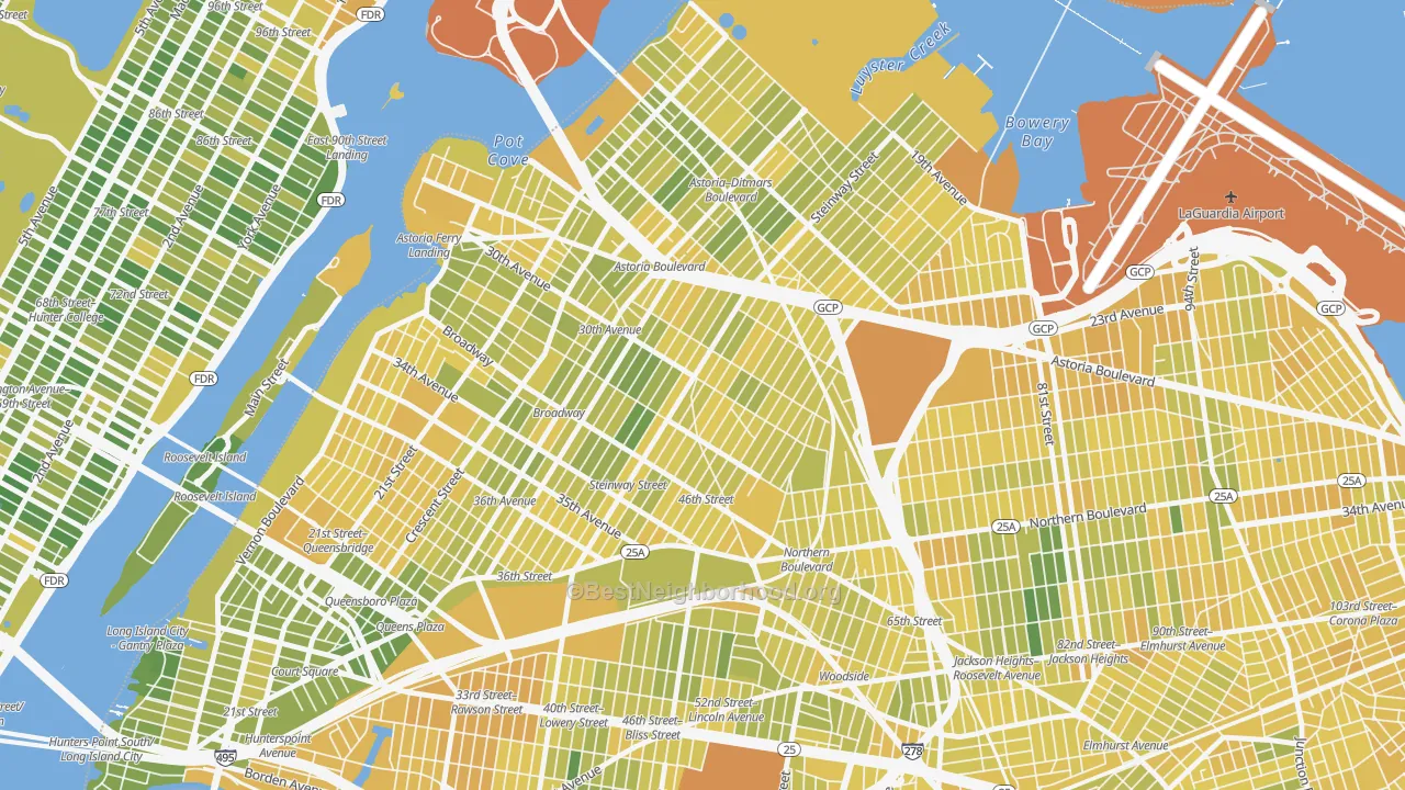 Map of the best neighborhoods in the 11103 area, with better matches in green and worse matches in red
