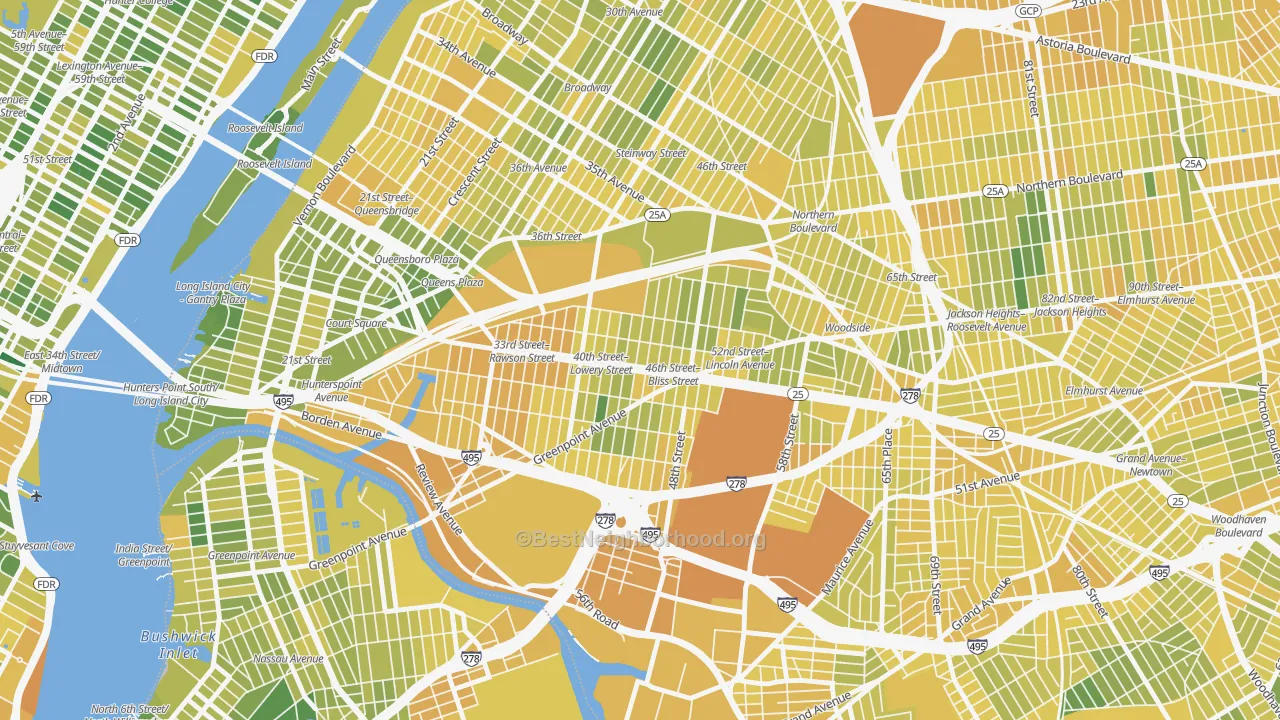 Map of the best neighborhoods in the 11104 area, with better matches in green and worse matches in red