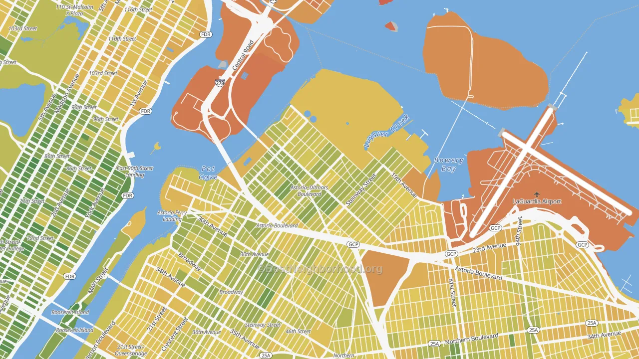 Map of the best neighborhoods in the 11105 area, with better matches in green and worse matches in red