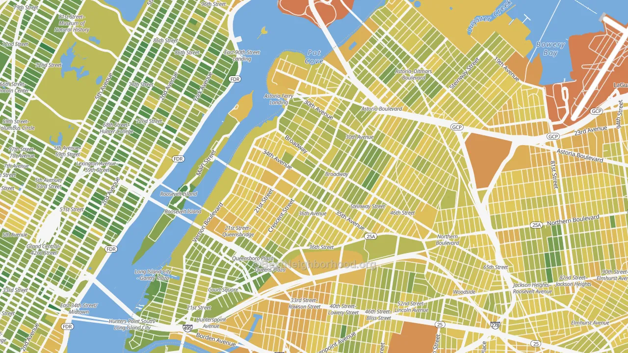 Map of the best neighborhoods in the 11106 area, with better matches in green and worse matches in red
