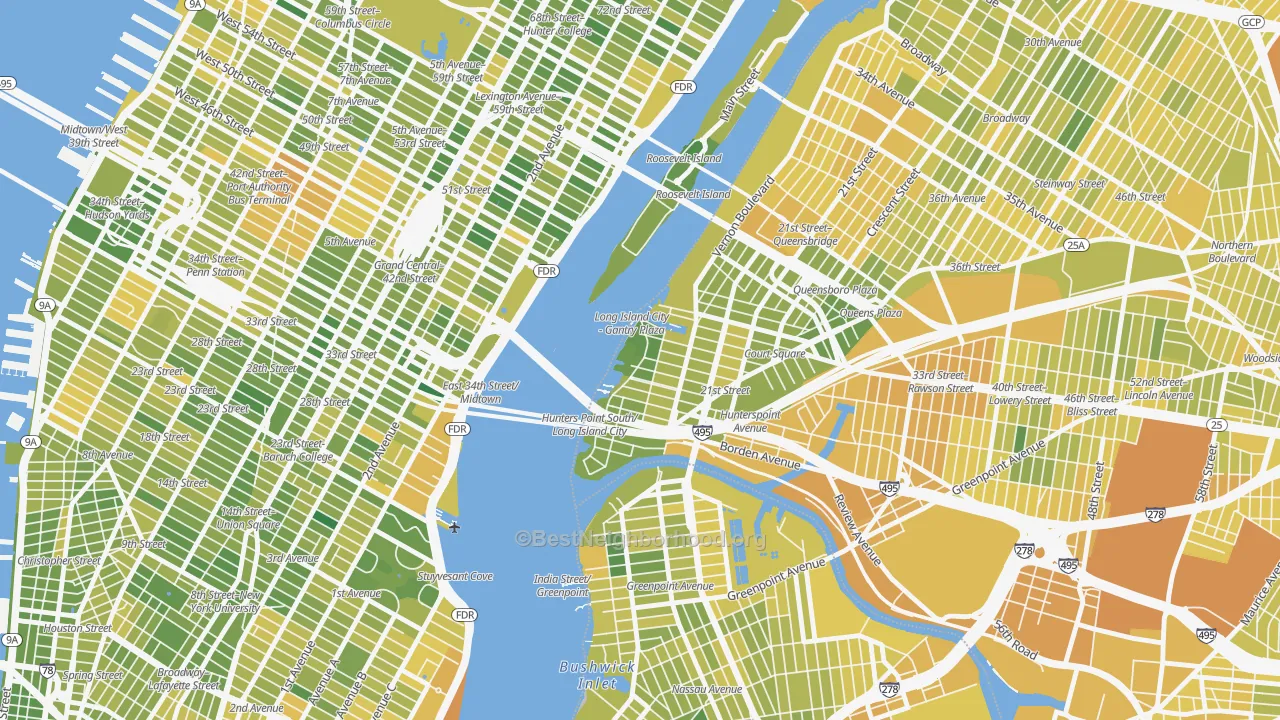 Map of the best neighborhoods in the 11109 area, with better matches in green and worse matches in red