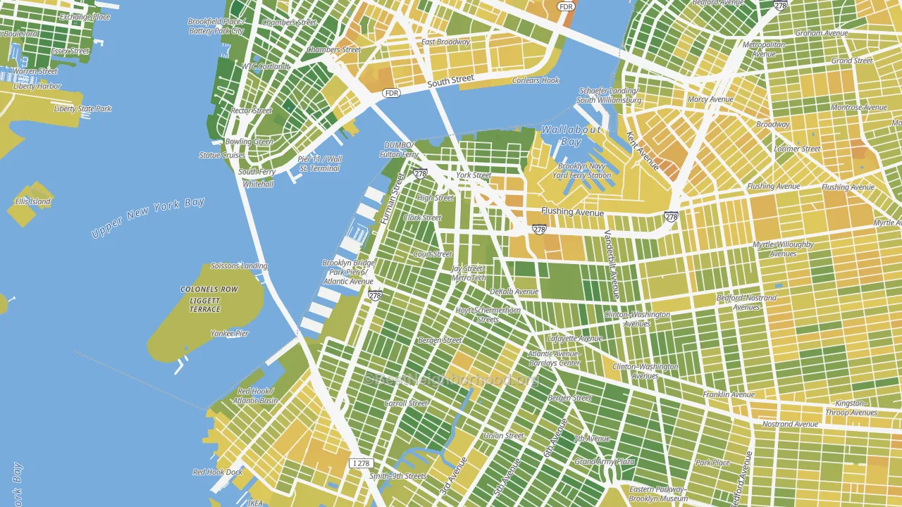 Map of the best neighborhoods in the 11201 area, with better matches in green and worse matches in red