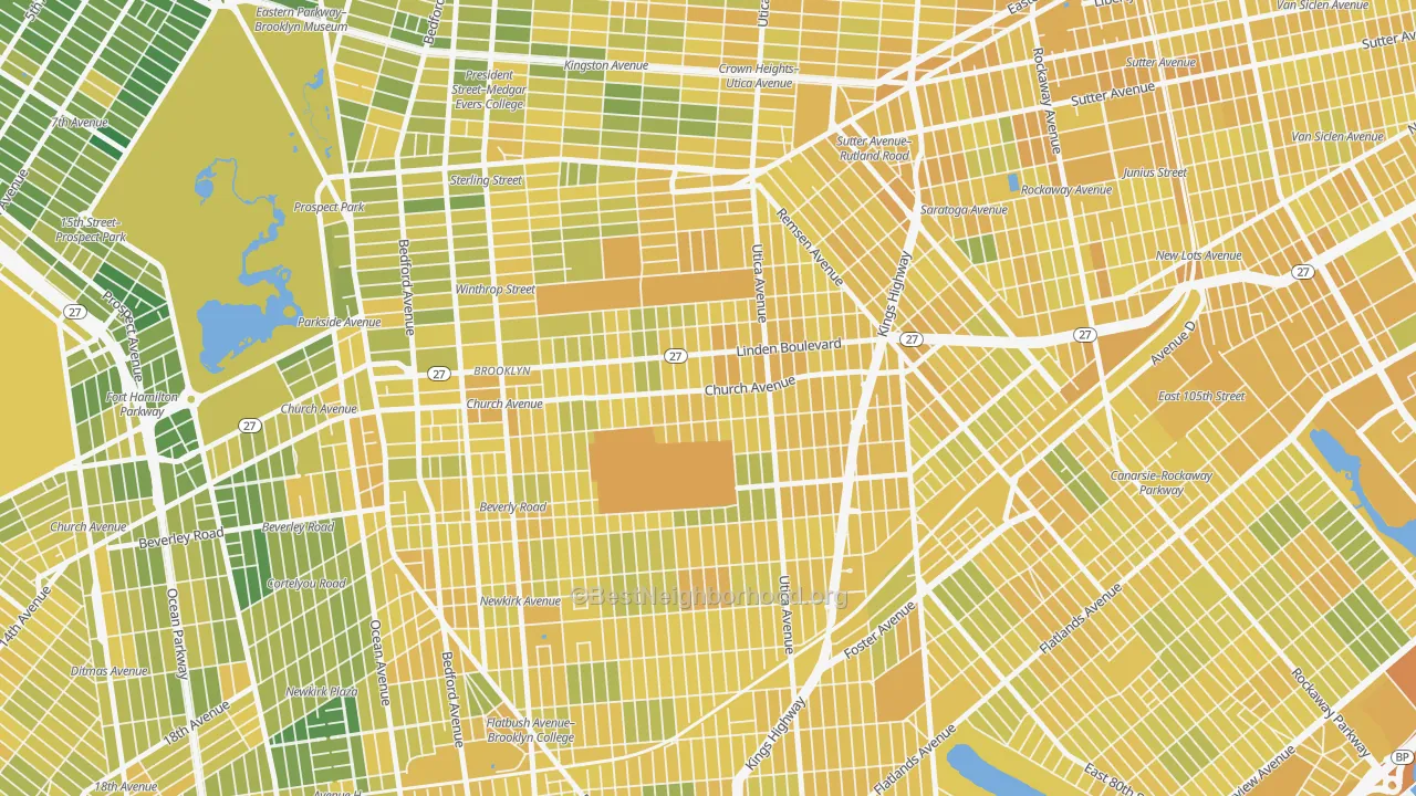 Map of the best neighborhoods in the 11203 area, with better matches in green and worse matches in red