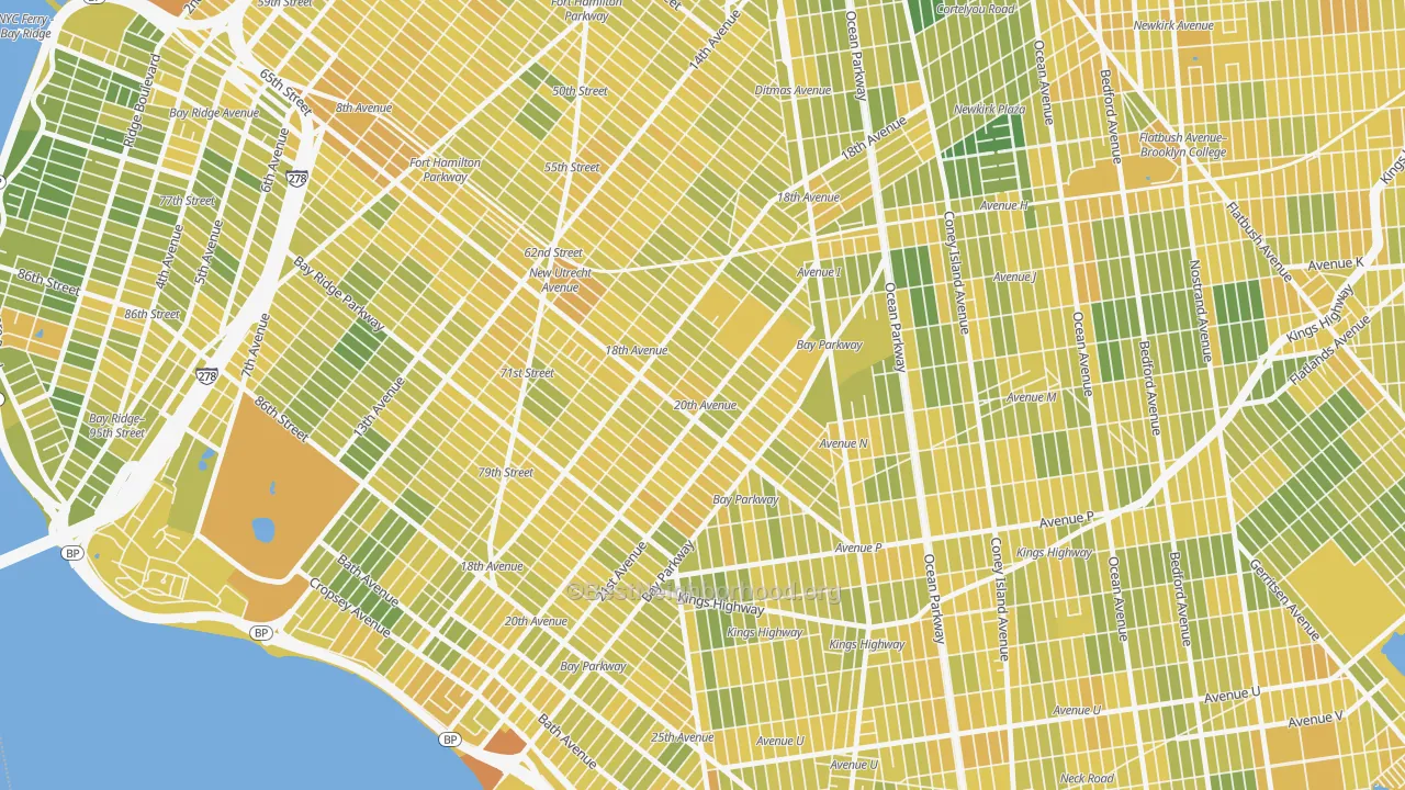 Map of the best neighborhoods in the 11204 area, with better matches in green and worse matches in red