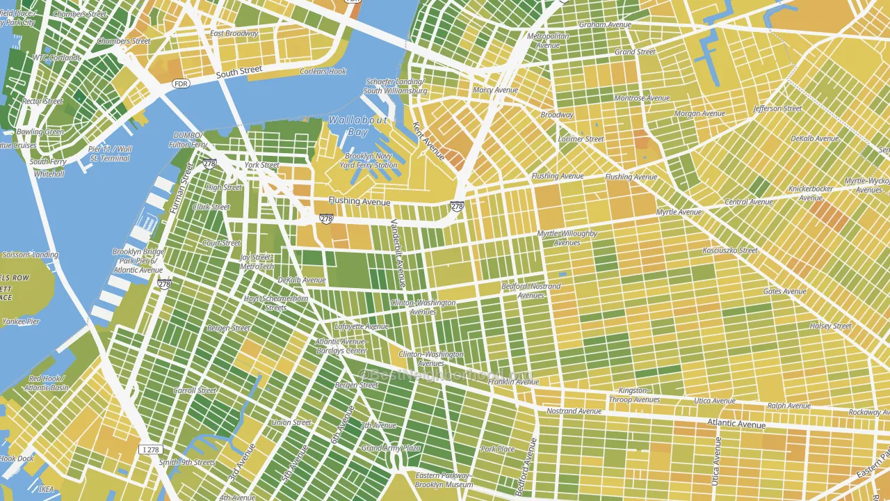 Map of the best neighborhoods in the 11205 area, with better matches in green and worse matches in red