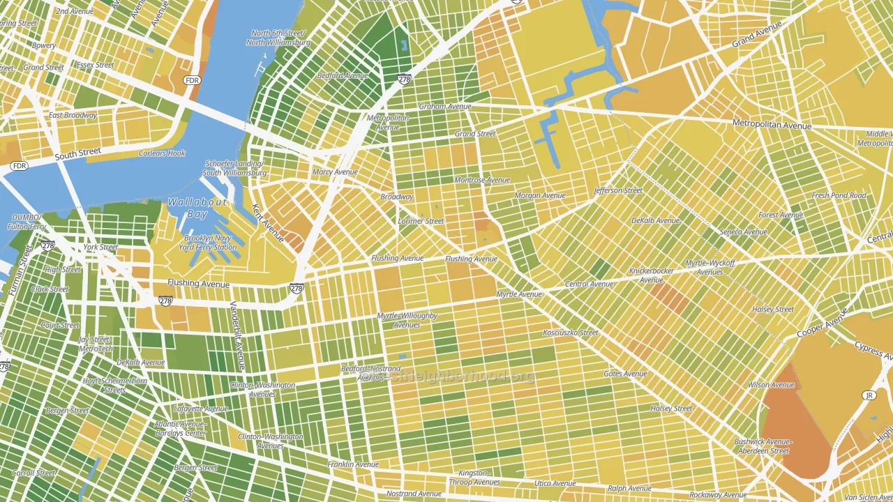 Map of the best neighborhoods in the 11206 area, with better matches in green and worse matches in red