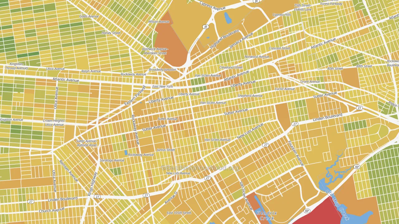 Map of the best neighborhoods in the 11207 area, with better matches in green and worse matches in red