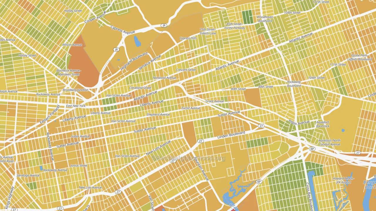 Map of the best neighborhoods in the 11208 area, with better matches in green and worse matches in red