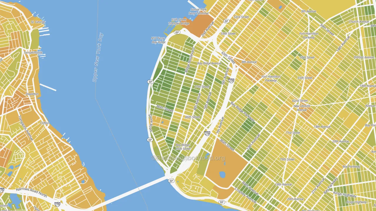 Map of the best neighborhoods in the 11209 area, with better matches in green and worse matches in red