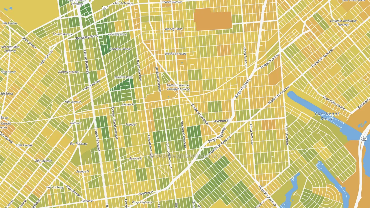 Map of the best neighborhoods in the 11210 area, with better matches in green and worse matches in red