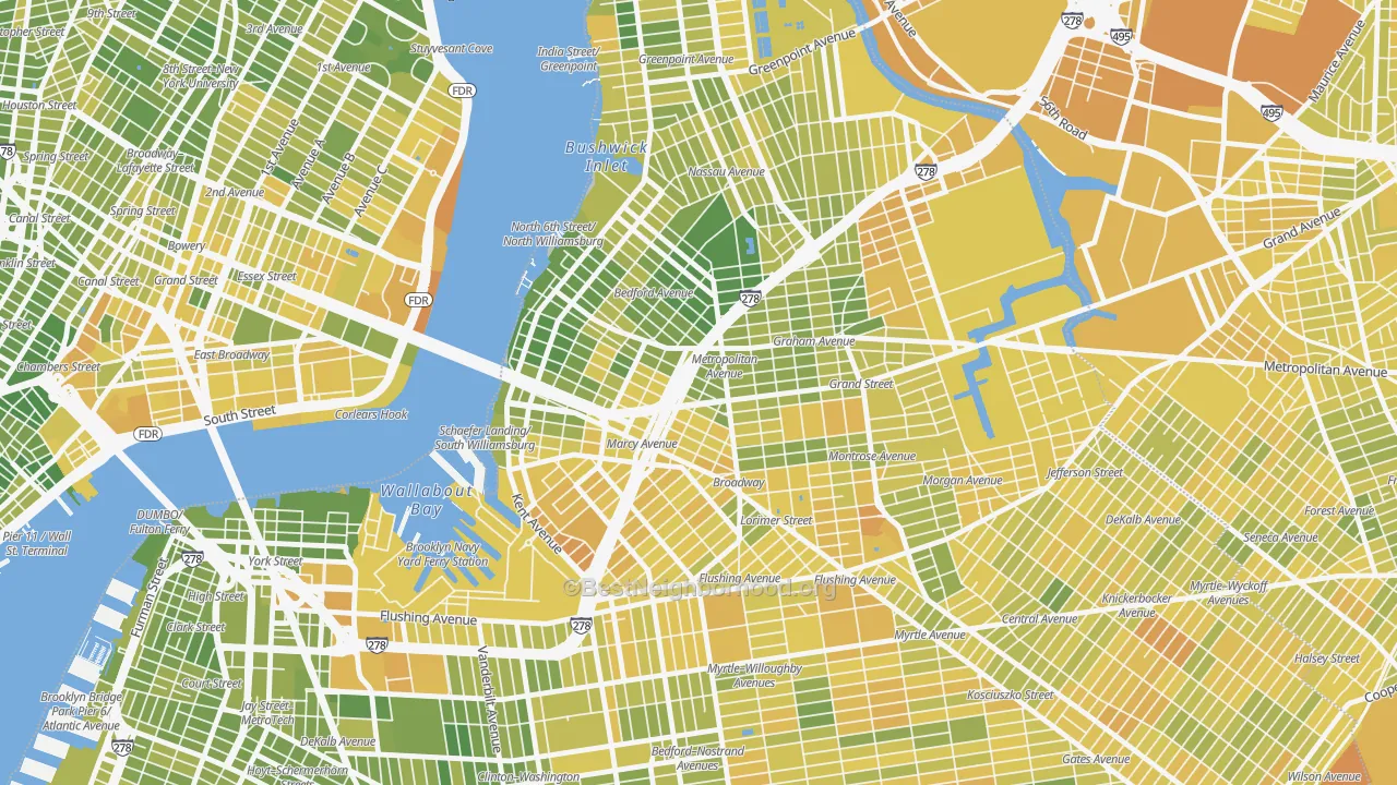 Map of the best neighborhoods in the 11211 area, with better matches in green and worse matches in red