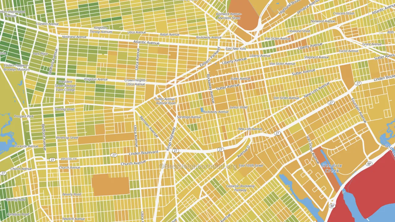 Map of the best neighborhoods in the 11212 area, with better matches in green and worse matches in red