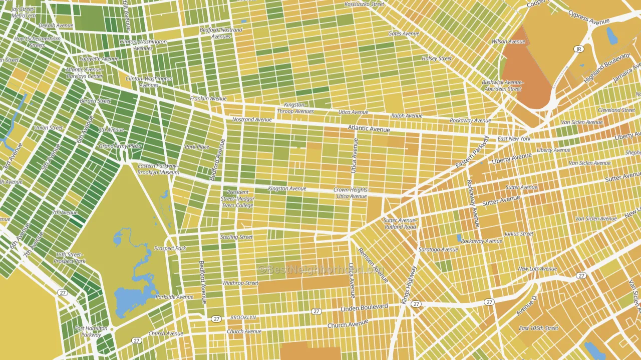Map of the best neighborhoods in the 11213 area, with better matches in green and worse matches in red