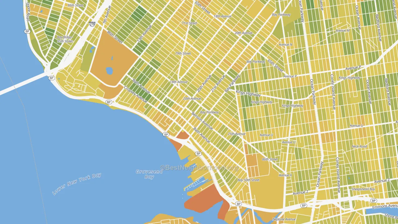 Map of the best neighborhoods in the 11214 area, with better matches in green and worse matches in red
