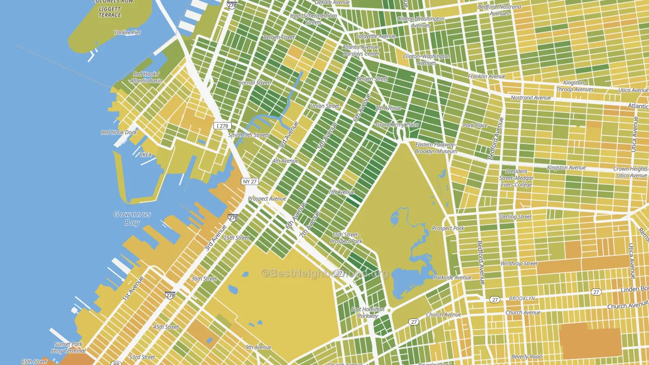 Map of the best neighborhoods in the 11215 area, with better matches in green and worse matches in red