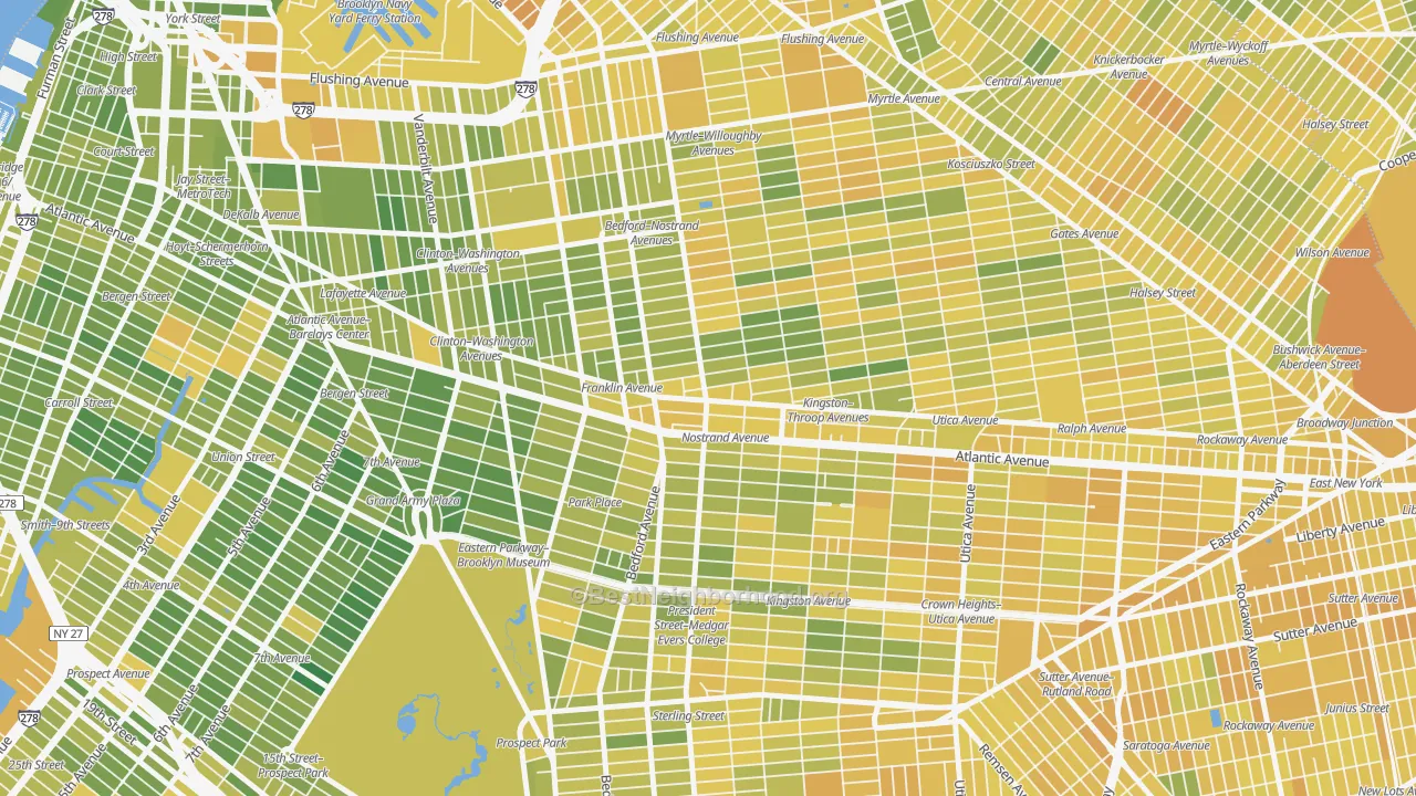 Map of the best neighborhoods in the 11216 area, with better matches in green and worse matches in red