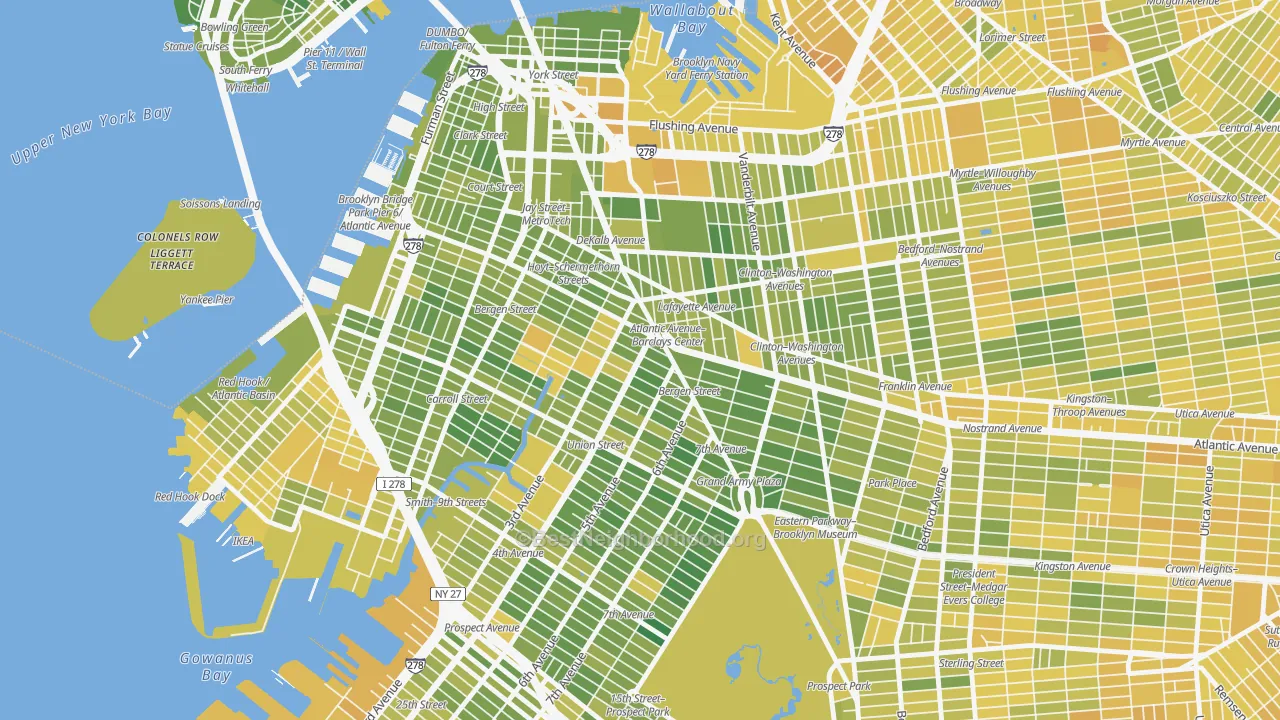 Map of the best neighborhoods in the 11217 area, with better matches in green and worse matches in red