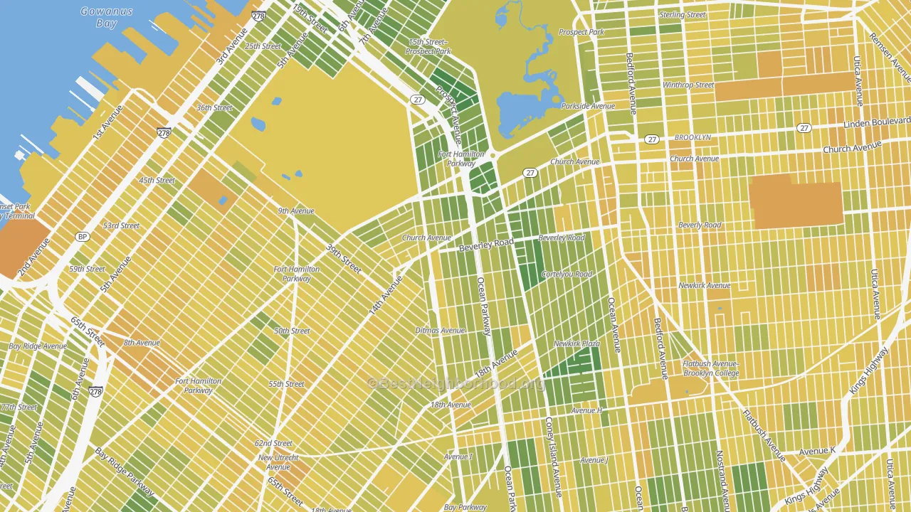 Map of the best neighborhoods in the 11218 area, with better matches in green and worse matches in red