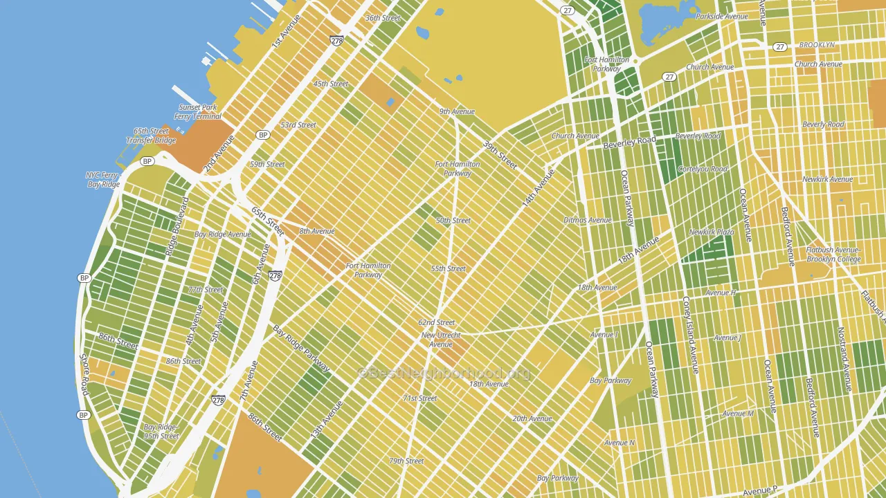 Map of the best neighborhoods in the 11219 area, with better matches in green and worse matches in red