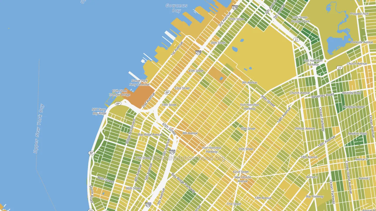 Map of the best neighborhoods in the 11220 area, with better matches in green and worse matches in red