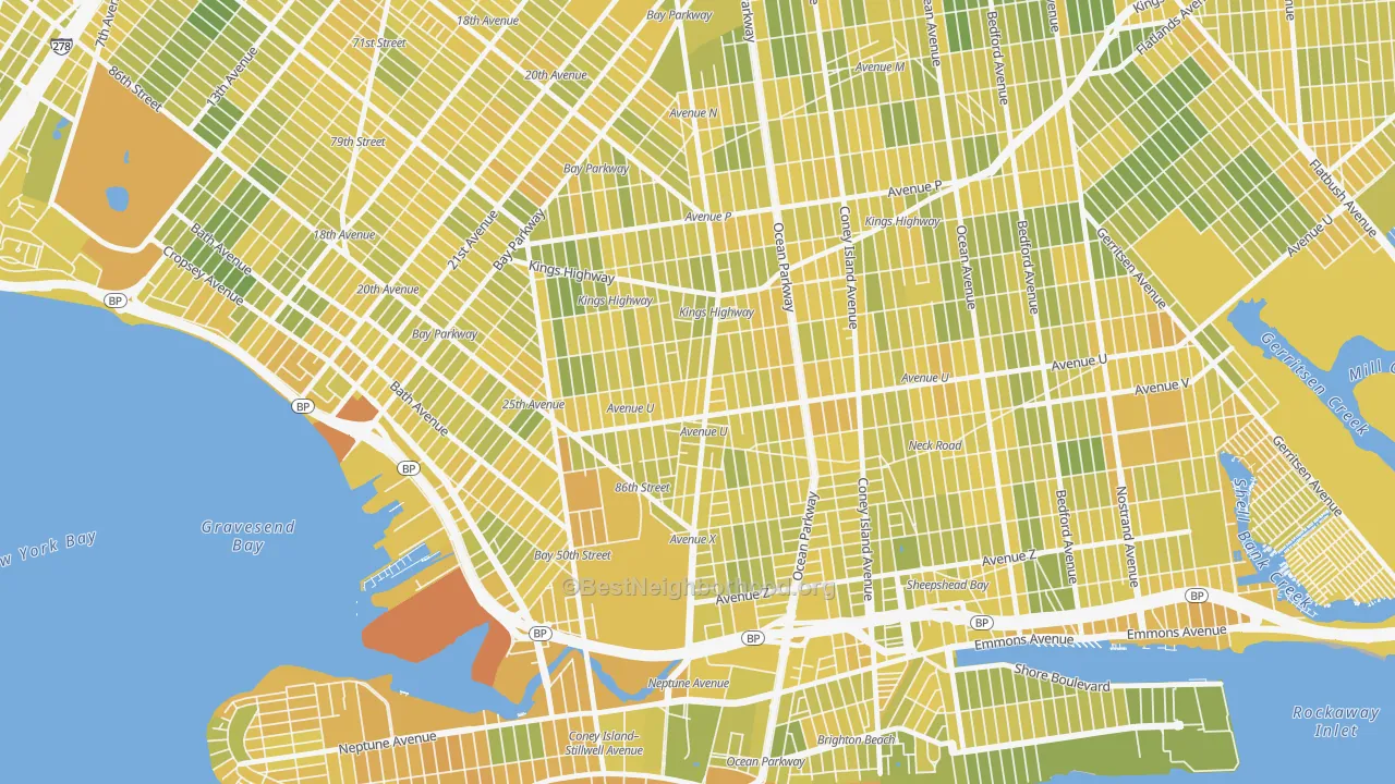 Map of the best neighborhoods in the 11223 area, with better matches in green and worse matches in red