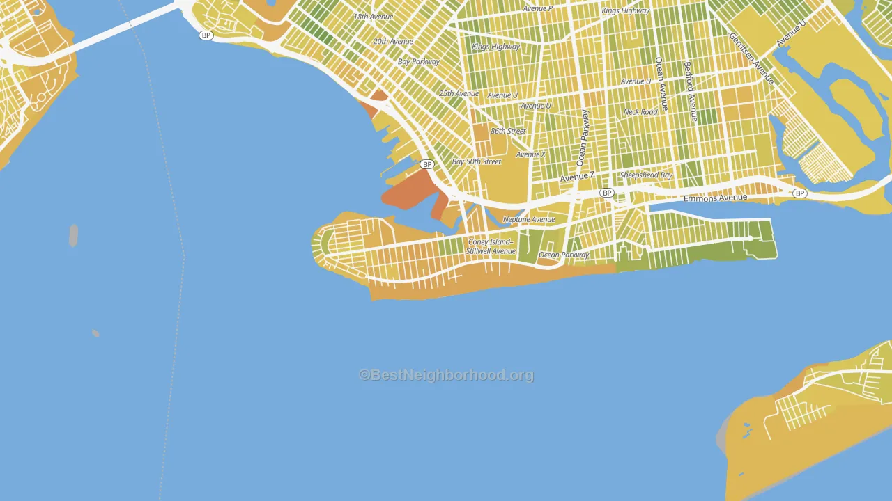 Map of the best neighborhoods in the 11224 area, with better matches in green and worse matches in red