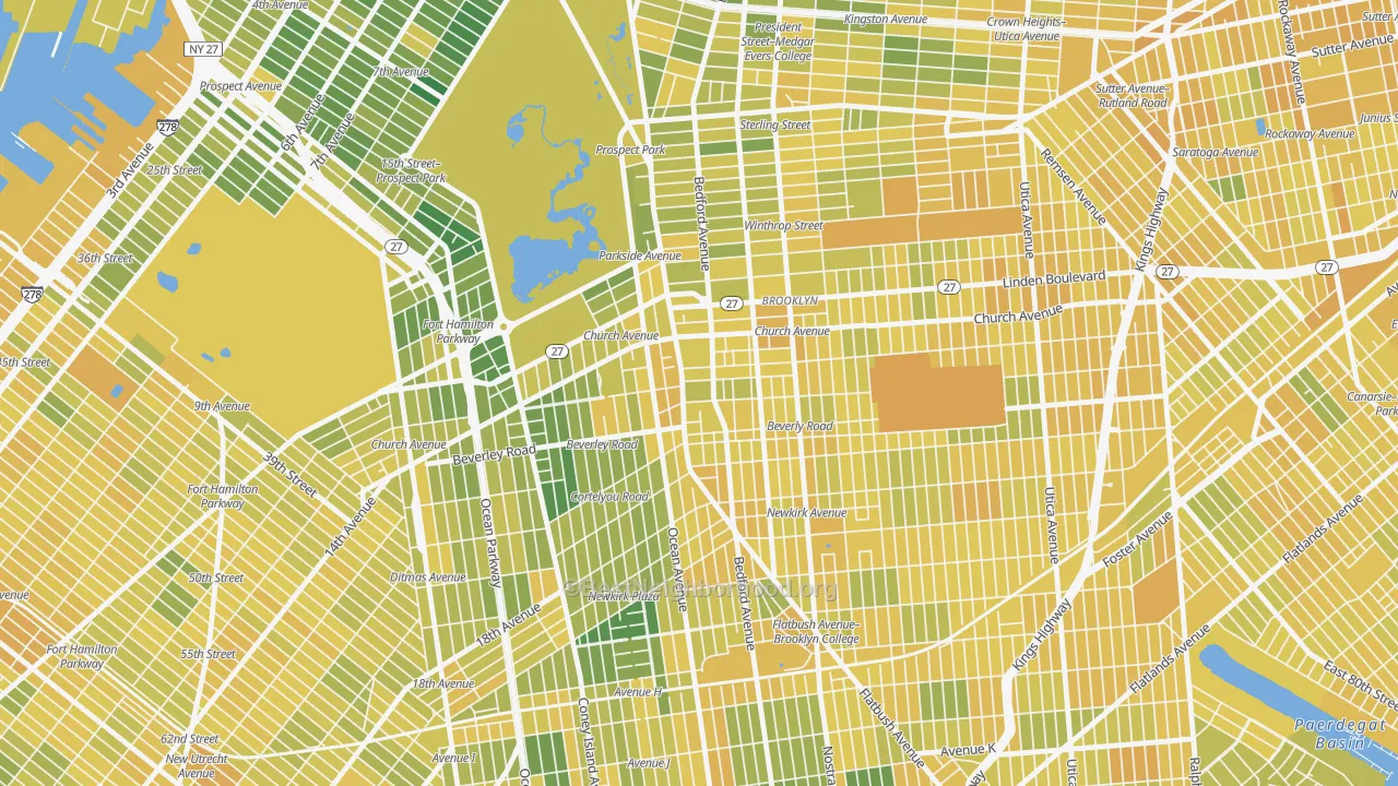 Map of the best neighborhoods in the 11226 area, with better matches in green and worse matches in red