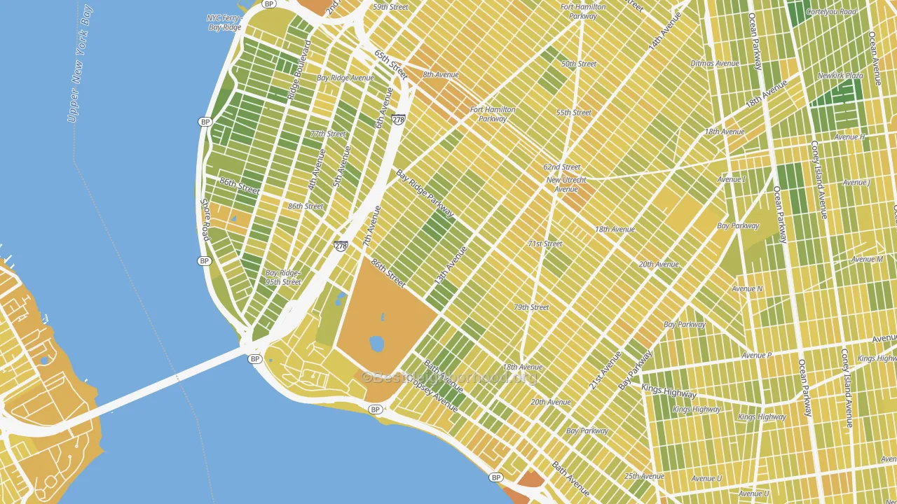 Map of the best neighborhoods in the 11228 area, with better matches in green and worse matches in red
