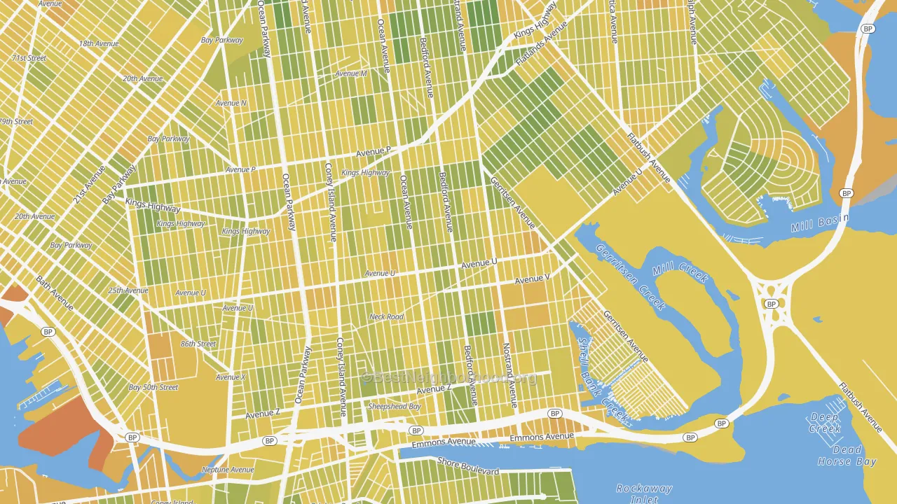 Map of the best neighborhoods in the 11229 area, with better matches in green and worse matches in red