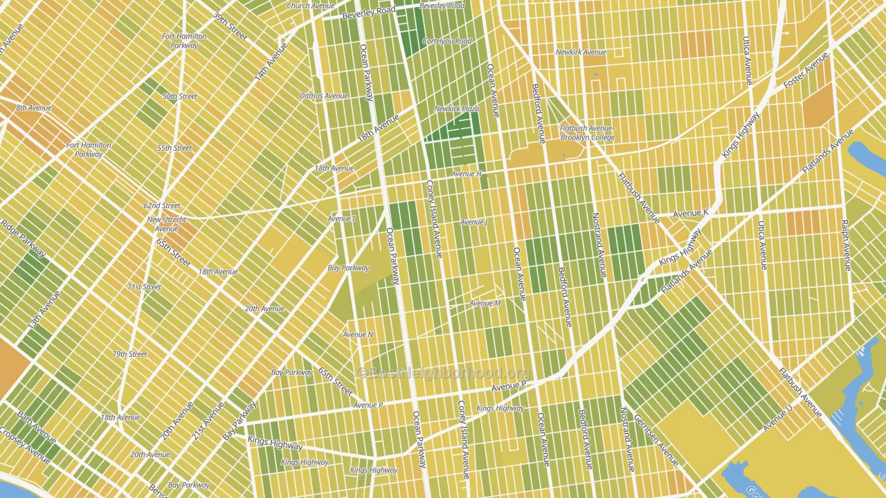 Map of the best neighborhoods in the 11230 area, with better matches in green and worse matches in red