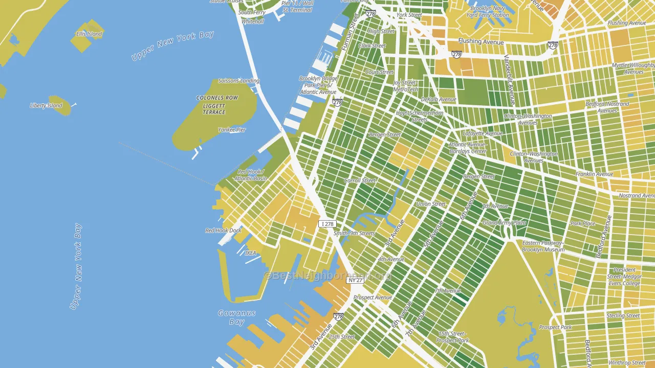 Map of the best neighborhoods in the 11231 area, with better matches in green and worse matches in red