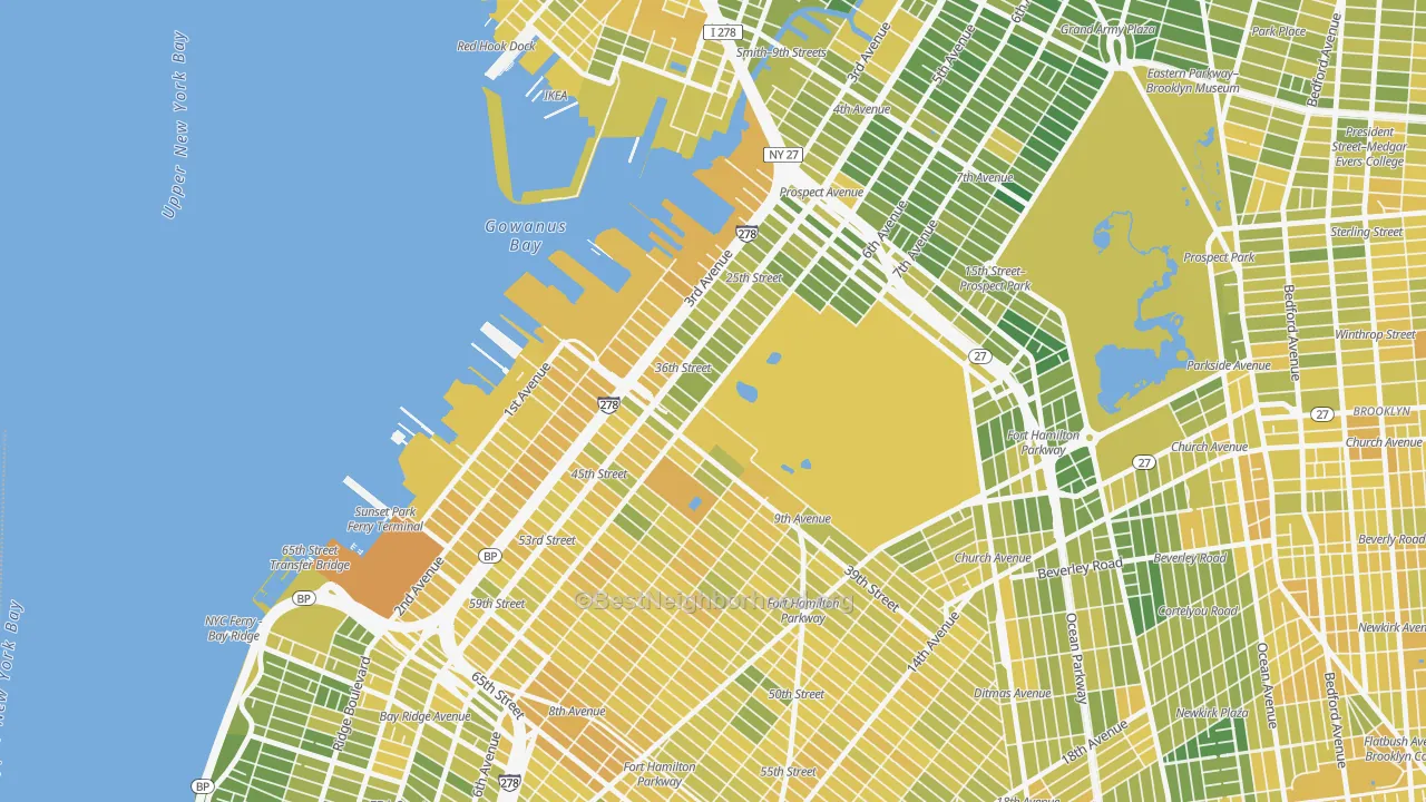 Map of the best neighborhoods in the 11232 area, with better matches in green and worse matches in red