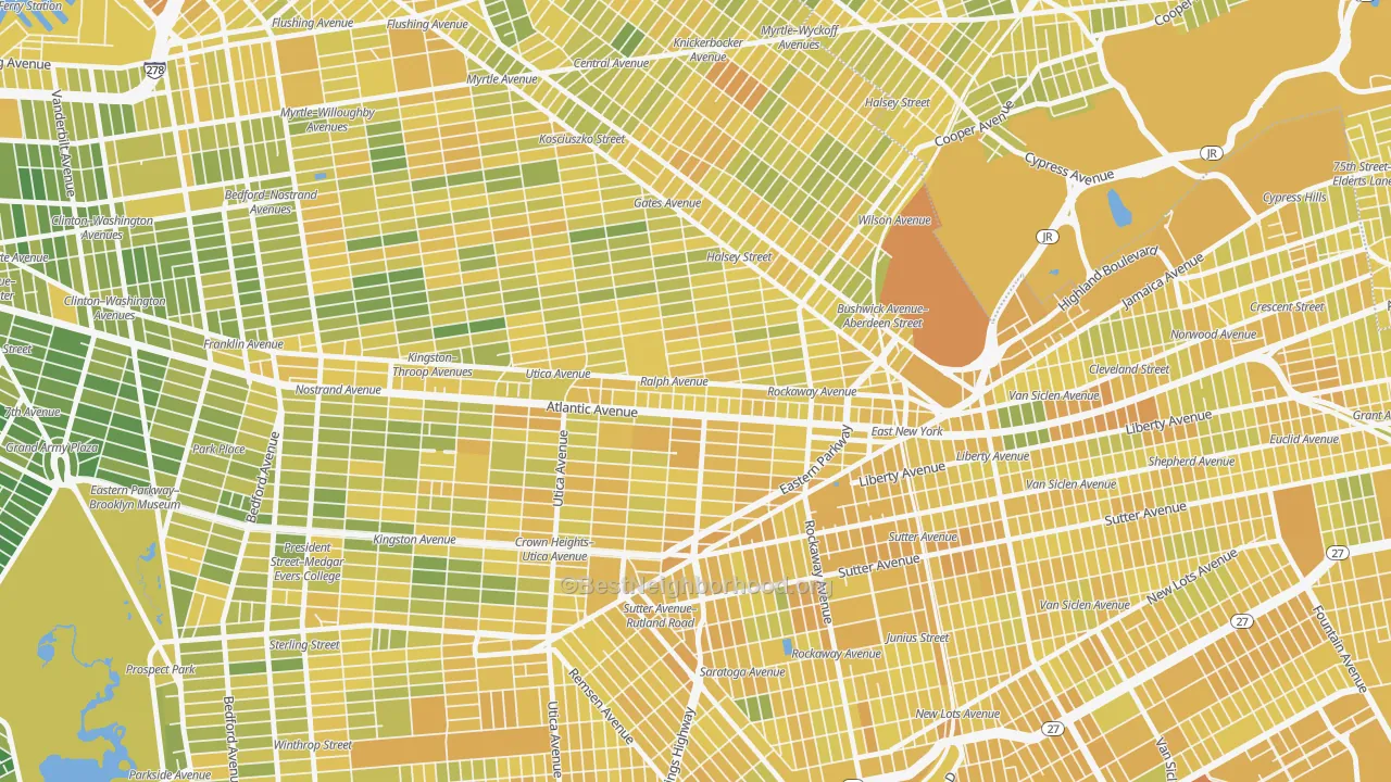 Map of the best neighborhoods in the 11233 area, with better matches in green and worse matches in red